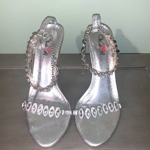 Silver heels with rhinestone ankle strap